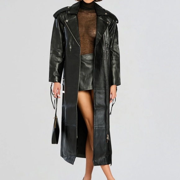 Retrofete Black Leather Trench Coat - Picture 1 of 7